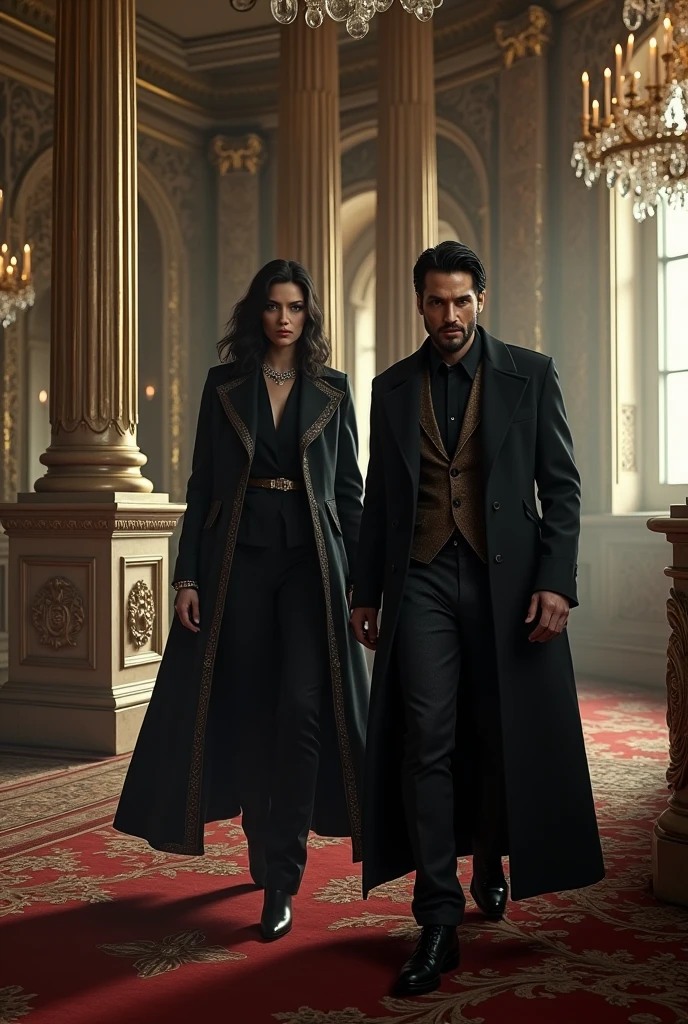very photorealistic scene of the fictional character lucifer morningstar accompanied by the fictional character constantine in the manner of keanu in a baroque interior