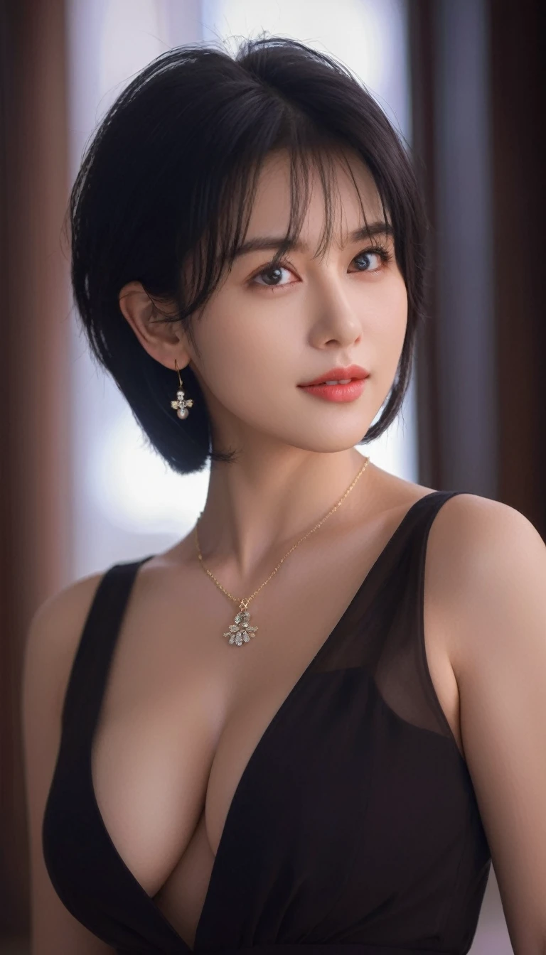 One person, beautiful girl, Photographed from waist to head, fine grain, Perfect functionality, (masterpiece), (Highest quality), (Good quality), Intricate details, Earrings, Ray Tracing, (See through), (Bokeh), (Written boundary depth), Perfect Skin, Happy, short black hair, huge breasts:1.9, cleavage, from the front