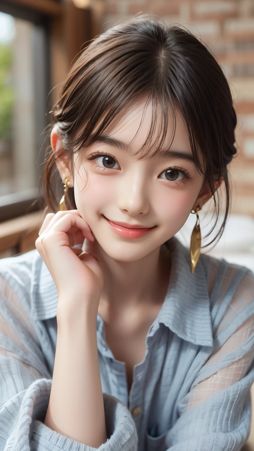 Highest quality, Realistic, 8k, High resolution, Full Color, , (()), (1 person), ( woman), ((smile)), Shortcuts, Earrings