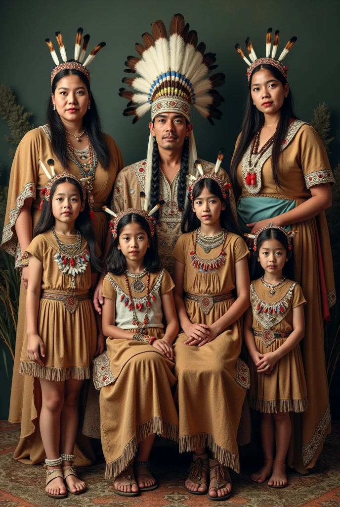 A recreation of the colorized photo of the Romanovs, but with the family portrayed as indigenous. The scene should show a family group posing in a formal setting. Each member of the family must be reimagined in traditional indigenous attire, including headdresses with colorful feathers, beaded necklaces, and clothes with tribal patterns and leather elements. the father, At the center, wears an impressive headdress and sits with a confident posture. the mother, Next to you, wears a traditional dress with beaded and feather details. The daughters, arranged around the parents, wear dresses decorated with indigenous embroidery and beads, while the ren wear warrior outfits with leather sashes and feather adornments. The composition of the image should replicate the pose and arrangement of the original Romanov photo., maintaining the serene and dignified expression of each family member. The background should be subtle, evoking a natural setting that complements the indigenous theme, but without distracting from the main focus on the family's details and attire.