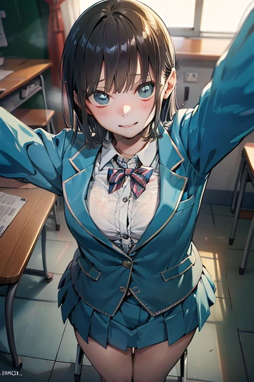 ((best quality)), ((masterpiece)), (detailed), 1girl, sexly, ChinatsuKano, 
Realistic pubic hair,　High amount of pubic hair,　Thick pubic hair, Light blue blazer,　Light blue skirt,
embarrassed,　seductive smile,
Selfie,
clothes lift, Light blue underwear, 
(from above:1.2),((close up head)),
(nsfw),{{{vulgarity}}}}, 

High school classroom,Schoolyard seen from the window,machine,Chair,
