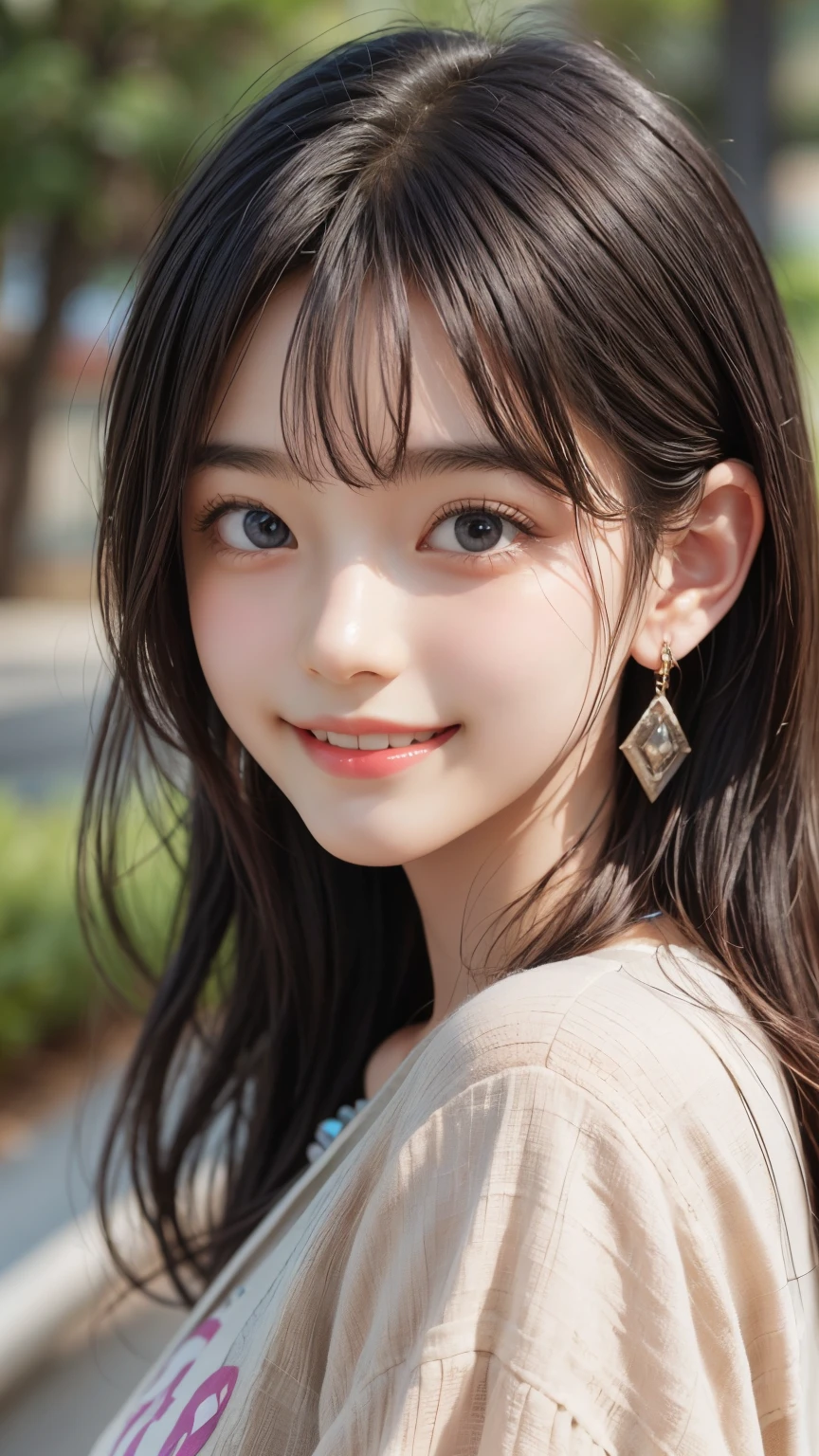 Highest quality, Realistic, 8k, High resolution, Full Color, , (()), (1 person), ( woman), ((smile)), Shortcuts, Earrings