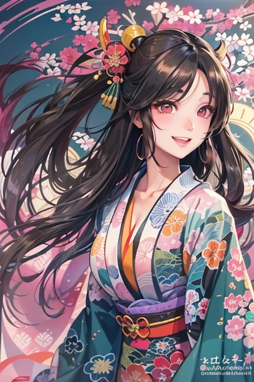 A beautiful woman smiles and shows her upper white teeth、Vividly colored Japanese Ukiyo-e style illustrations、SeaArt creates stunning illustrations of beautiful women in kimono、Brown-black long hair、Beautiful full body style、Beautiful digital illustrations、Beautiful digital painting, Bright vibrant anime art, Detailed digital anime art, Beautiful anime portraits