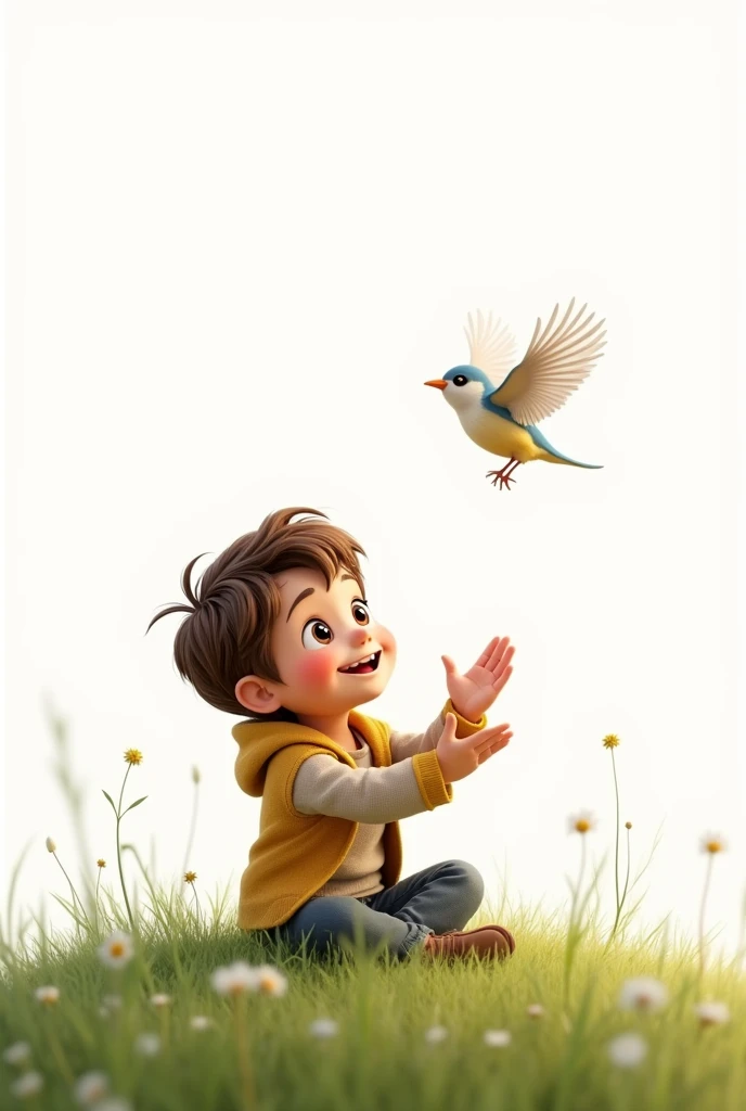 white background,best quality,little smart boy,siting on grass,look at the little bird,raising his hands to the little bird,cute beautiful little bird flying,cute boy smiling