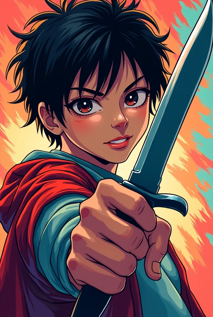 Close-up of a poster of a person holding a knife, Cartoon illustration by Micha Klein, Contest Winner, creation, Official Art Book, 馬Michael, Michael・オクダ, Key Anime Art, Detailed Images, Michael, Kentaro Miura art, Kimetsu no Yaiba　Shuya