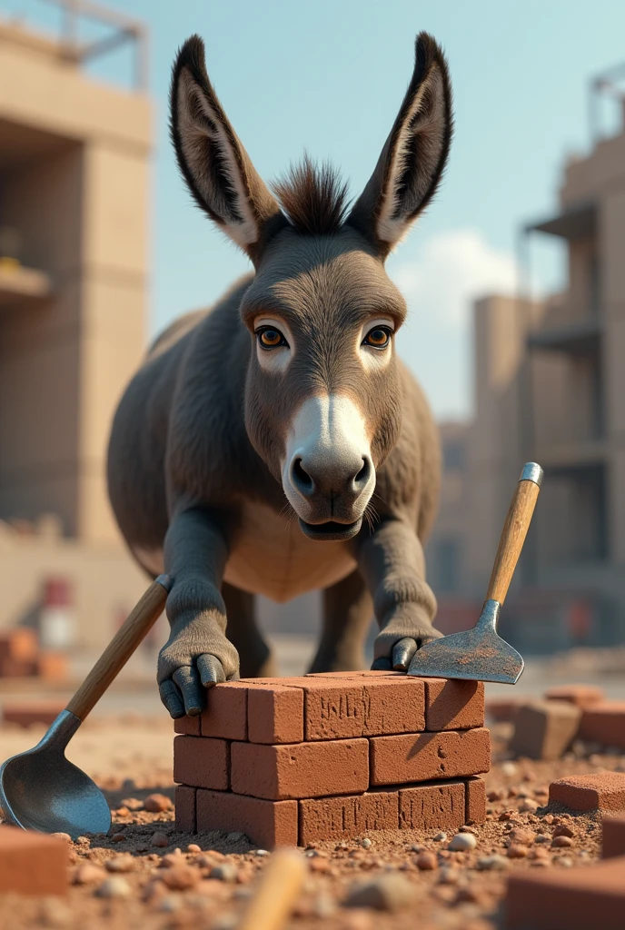 A real picture of a donkey building a brick and holding a builder&#39;s spoon in his hand