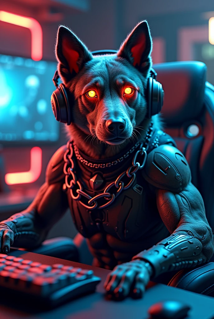 Creat cyborg gamer dog with headphone with angry and gold chains with gaming set up and wearing speccs