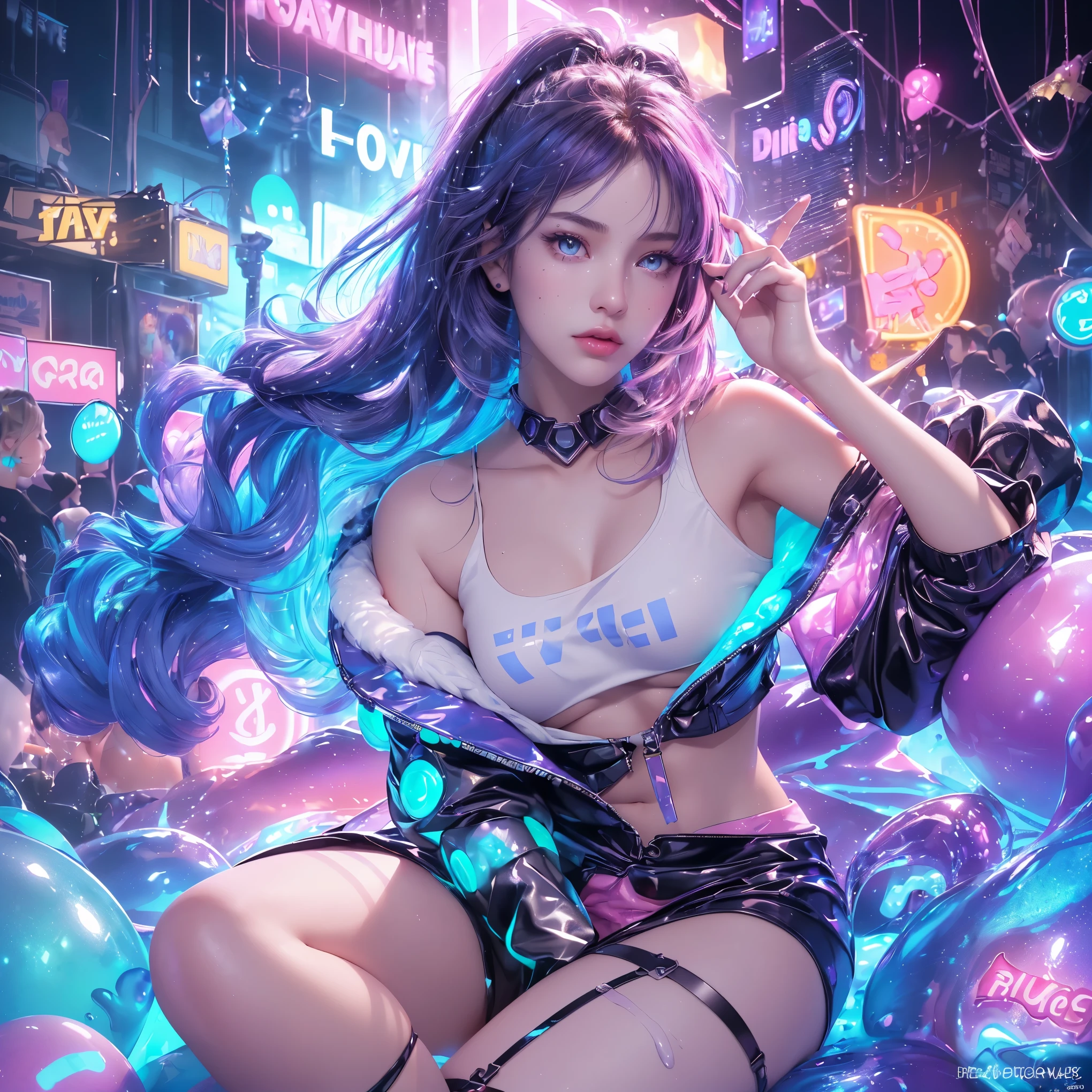 cute woman, tech wear, sitting in old-school sofa, retro plaid sofa, 70's atmoshphere, neon technologic outfit, glowing effects, crazy colors, great color palete,virgin destroyer sweater, sideboob, underboob, white panties, white thighhighs,retro interiors, interior design,