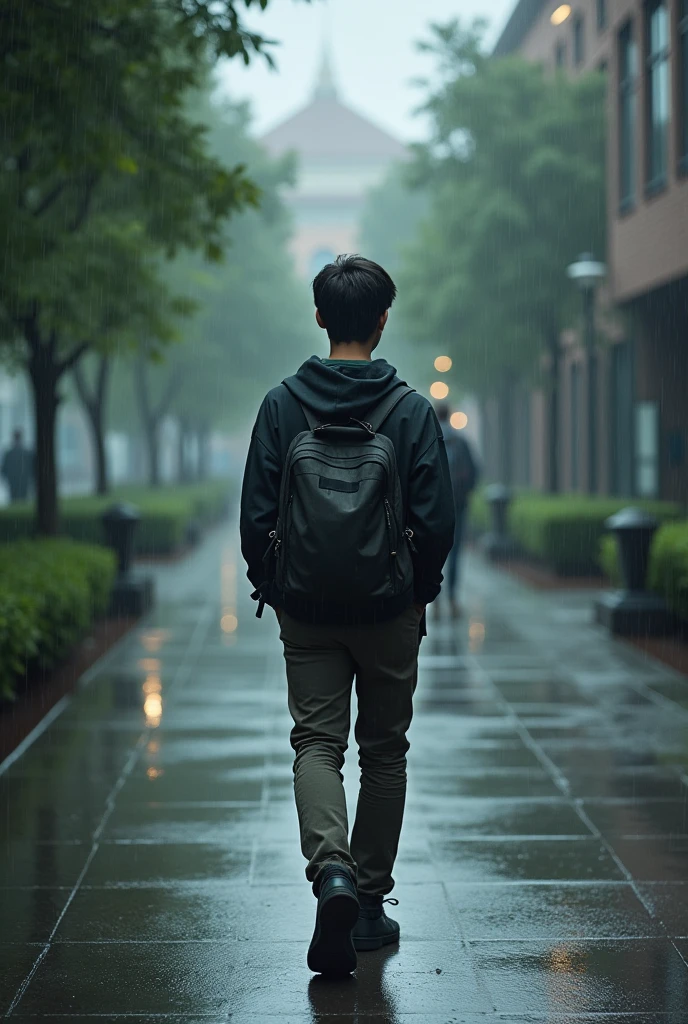 A university boy walking in the rain  and deep inside his thoughts  