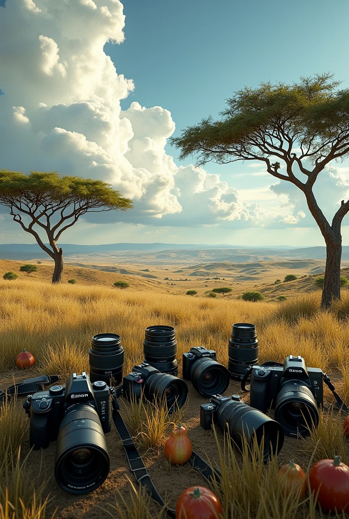 A background with many cameras in Tanzania landscapes