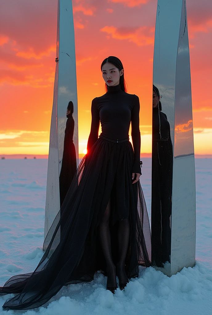 rick owens inspired japanese female fashion model, set in the tundra, surrounded by 20ft abstract spiky shards of highly reflective mirror material, the sky is orange similar to the blade runner desert scene, natural lighting, natural shadows, k