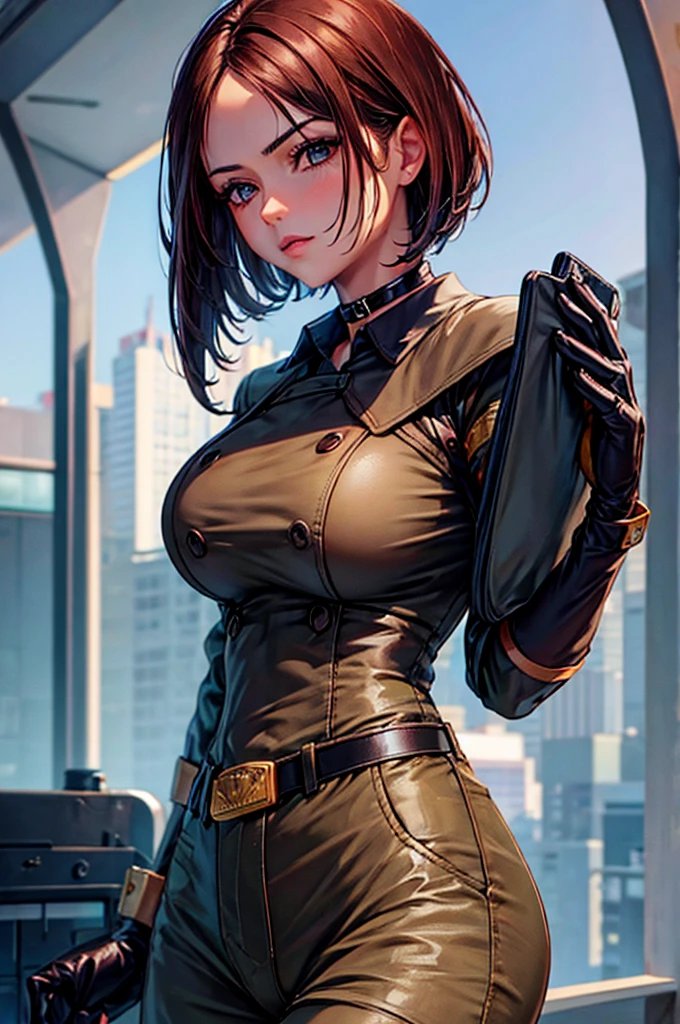 1 woman, anis, anisdef, NIKKE, (masterpiece, best quality), ahoge, perfect face, 8K, short brown hair, army cap, wearing tactical shirt, wearing black panties, fingerless gloves, single glove, belt, thigh strap, black thighhighs, busty body, large breasts and a beautiful ass, showcasing cleavage, legs, hips, looking at viewer, smiling, Detailed Hair, Detailed whole body, Thigh details, city background,