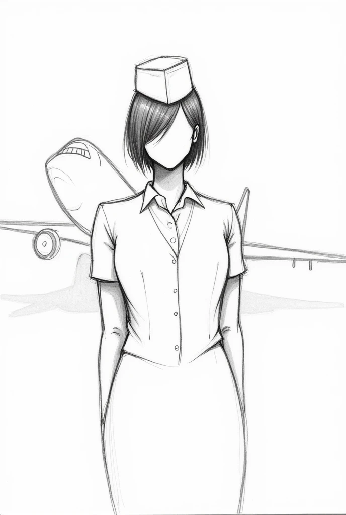 A no face model flight attendant with cap and hair draft sketch with aircraft behind her, black and white color.