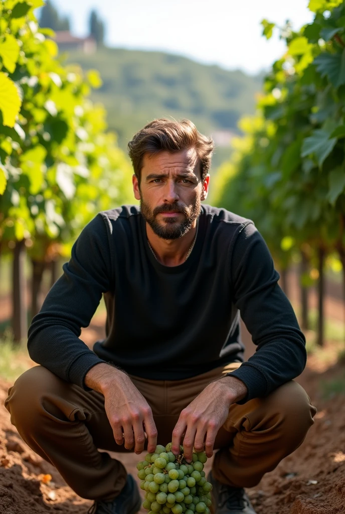 Create a realistic photo, typical Spanish man with a beard and mustache, very handsome man with a charming and deep look, green eyes, brown hair, ((full body)) hyper realistic photos, dressed in brown jogging pants, black sweater, squatting harvests in a vineyard, background image: vines, head to toe, full body, hyper realistic photo