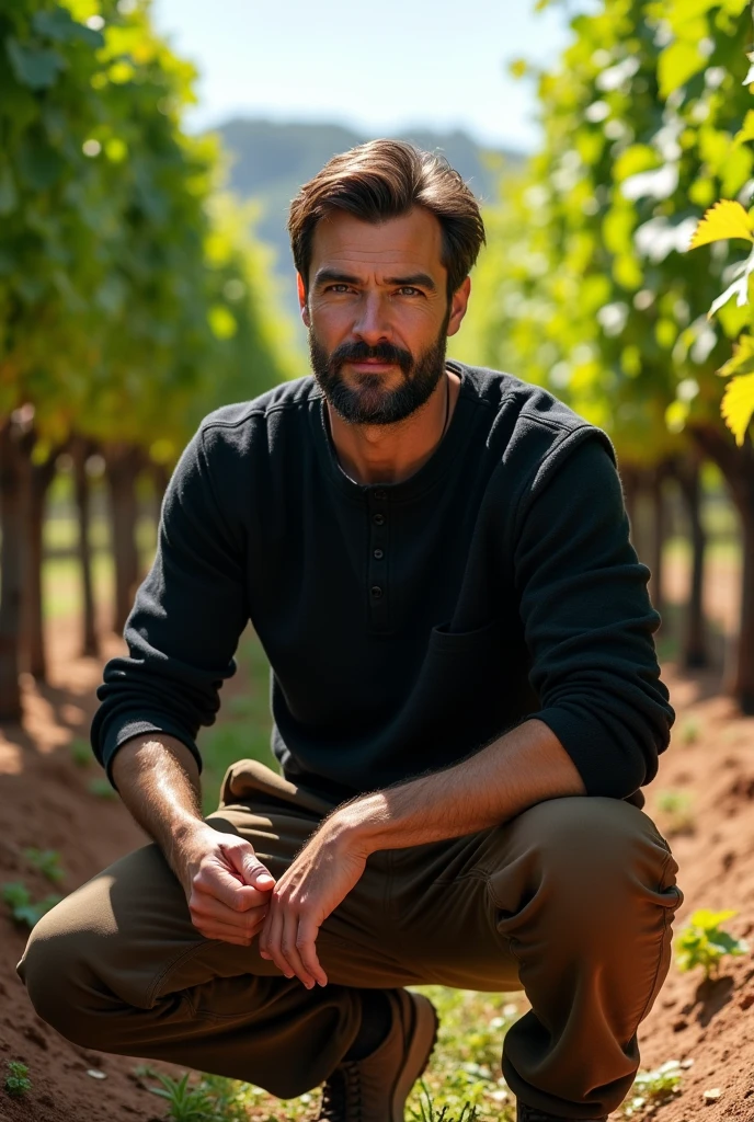 Create a realistic photo, typical Spanish man with a beard and mustache, very handsome man with a charming and deep look, green eyes, brown hair, ((full body)) hyper realistic photos, dressed in brown jogging pants, black sweater, squatting harvests in a vineyard, background image: vines, head to toe, full body, hyper realistic photo