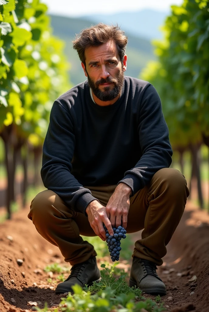 Create a realistic photo, typical Spanish man with a beard and mustache, very handsome man with a charming and deep look, green eyes, brown hair, ((full body)) hyper realistic photos, dressed in brown jogging pants, black sweater, squatting harvests in a vineyard, background image: vines, head to toe, full body, hyper realistic photo