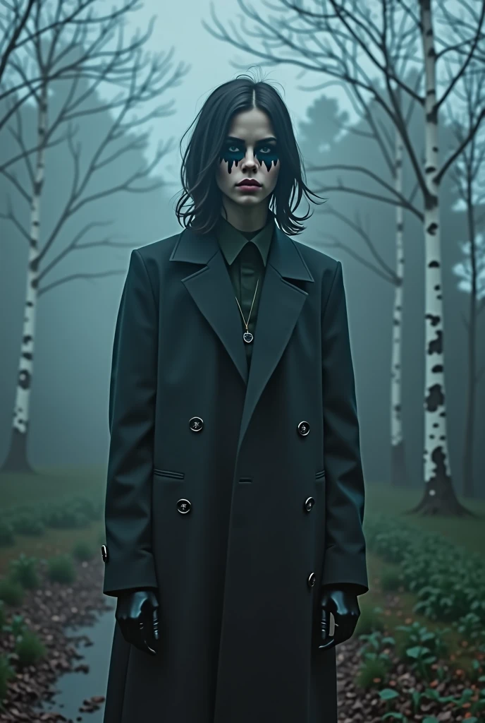 plano general, whole body, (Handsome young attractive teenager emerging from a thick fog:1.3, Strong gothic makeup) a town on the shores of the lake, a white birch forest and an apple orchard, a starry night, ((Matias_adolsson style!)), gloomy and foggy atmosphere, Surrealism, The absurdity of tenderness, Attraction and rejection of extraordinary appearance, naive magic art, primitivism, protogeno, , ((Best Quality, masterpiece)), ((more detail)), impression:1,1, 8k