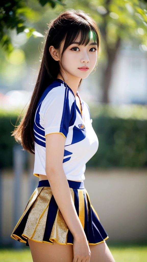 masterpiece, Highest quality, Very detailed, High resolution, (Realistic, photoRealistic:1.37), Excellent anatomy, One beautiful woman,front,Knee-deep shots,Focus on the thighs,A small smile, cheer leading, Cheerleader uniforms, (shape), Micro Pleated Mini Skirt, ((Very delicate and beautiful)), (Bokeh, Blurry outdoor background), Brown Hair, Long Hair, bangs,Very beautiful face, Cute type, Big Natural Color Lip, Big and pretty eyes, Brown eyes, Obvious double, Small and cute nose, Brown eyes, Shiny highlight spots around the eyes, Character Focus, Tilt your head, The best light, Best Shadow, mysterious, Perfect Face, Very detailed, Soft Skin, (Glowing Skin, Sweaty: 1.2)'Beautiful legs, Voluptuous thighs, Plump body, Huge breasts, (Expresses the roundness and softness of the chest area..........1), Beautiful body, (Perfect Woman),