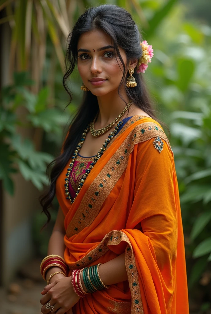 Create a Indian village woman image in leggings and long dress close image