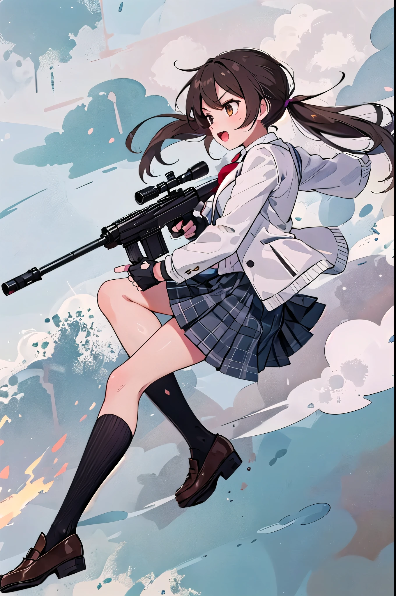 1girl, solo, long hair, open mouth, skirt, brown hair, black hair, gloves, holding, twintails, brown eyes, school uniform, jacket, full body, ponytail, weapon, pleated skirt, shoes, black gloves, socks, fingerless gloves, holding weapon, from side, gun, plaid, kneehighs, plaid skirt, brown footwear, white jacket, black socks, loafers, holding gun, rifle, smoke, brown skirt, sniper rifle, firing, scope, suppressor
