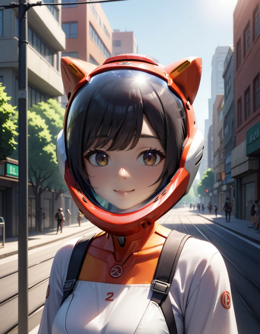 , space helmet ,girl s, 1girl,solo,smile,mediumt light black hair:1.3),standing as a tram passes by in the background of a morning cityscape the tracks beside her, casting soft shadows in the soft morning light. The city should be waking up, with soft light illuminating the buildings, streets and trees. The overall mood should be calm and serene, capturing the peacefulness of the morning in a bustling city,, ,,red helmet, space helme, cat ears, red helmet, from , upper body