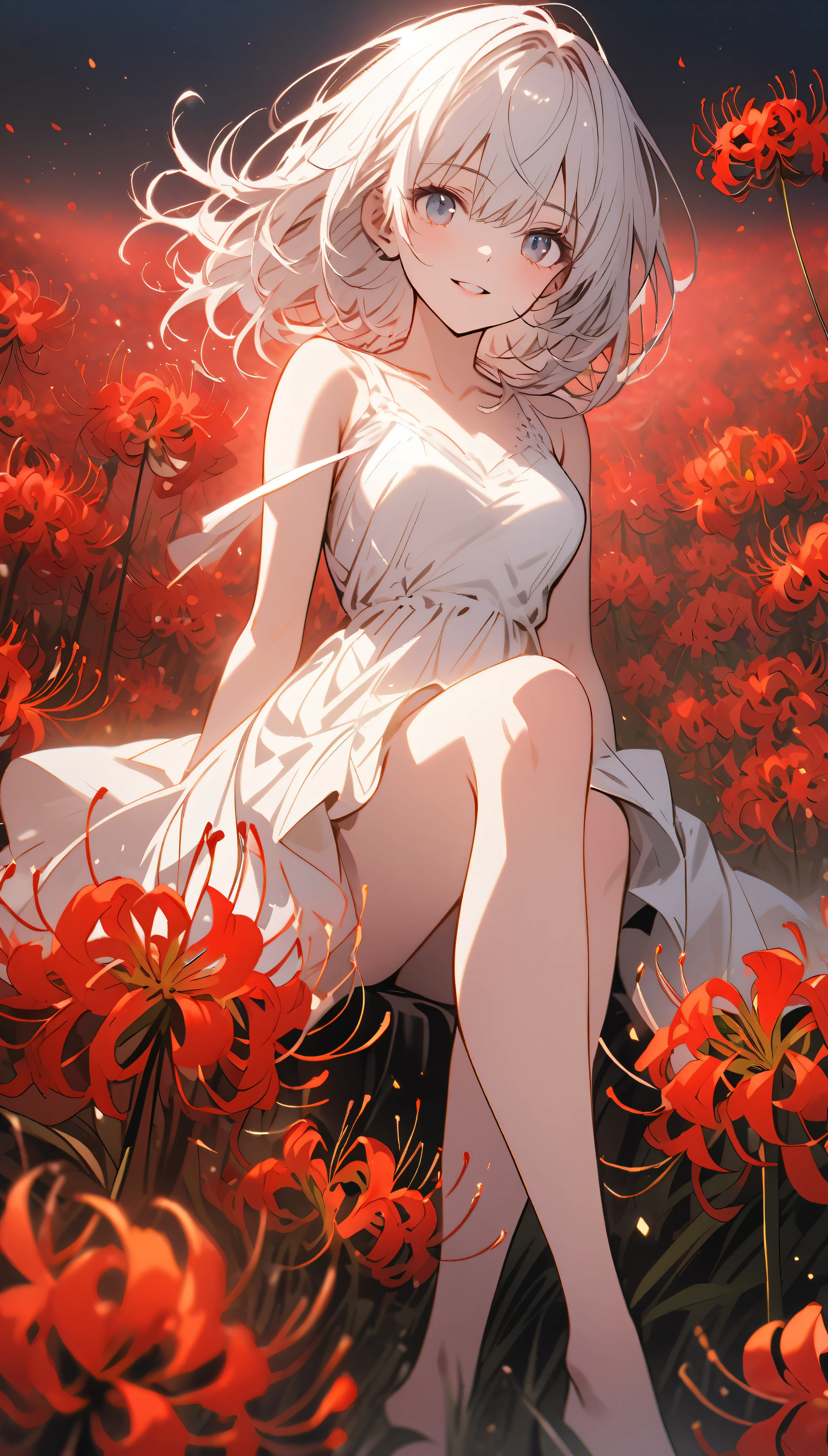 Beautiful girl with white hair, White Dress，Sitting in the flowers with legs crossed，Red spider lily，Flower Field，night，midnight，moonlight