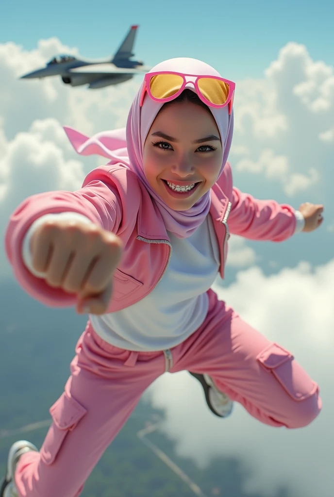 Malaysia women a realistic masterpiece. Human .wear pink watch.. 1girl wearing a hijab. detailed beautiful face, Hijab Muslim. Wear long sleeve moder design mixed sew pink white loose size. Small detail ,cargo suit , jacket pink. Pink cargo pant.. . anger face, minimalist flower on shirt. . anger face. Open mouth. Wear pink white. Wear small Safety Pink yellow glasses google spectacle top on head. . Age 20 year old. Flying position. Fast fly. Panning effect Photography . Flying have a super strong power.. punch. Flying beside jetfighter . Fight pose. Bokeh background. fist front.. At high sky, lot of cloud , detailed lips, long eyelashes. Hero, modest expression, delicate facial features, natural skin tones, , detailed folds and textures of hijab, natural lighting, high quality, photorealistic, 8k, best quality. Malaysia girl. . ). . . Braces teeth. Boleh background. Panning effect. Fast flying.