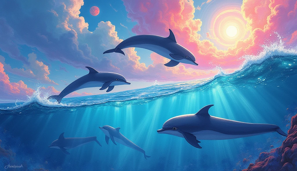 Painting of a pod of dolphins swimming in colorful ocean, Look up at the composition,sky whales, Inspired by Cyril Rolando, dreamy psychedelic anime, colorful anime movie background, A beautiful artwork illustration, author:Shitao, colorful concept art, Makoto Shinkai Cyril Rolando, In the style of Cyril Rolando, flying whale, Highly detailed watercolor 8K, highly detailed water colour 8 k,octane,Fine,Realistic,8K,Estilo de Makoto Shinkai( reasonable design, Clear lines, High sharpness,Best quality, Very detailed, Masterpiece, movie light effect, 4K )