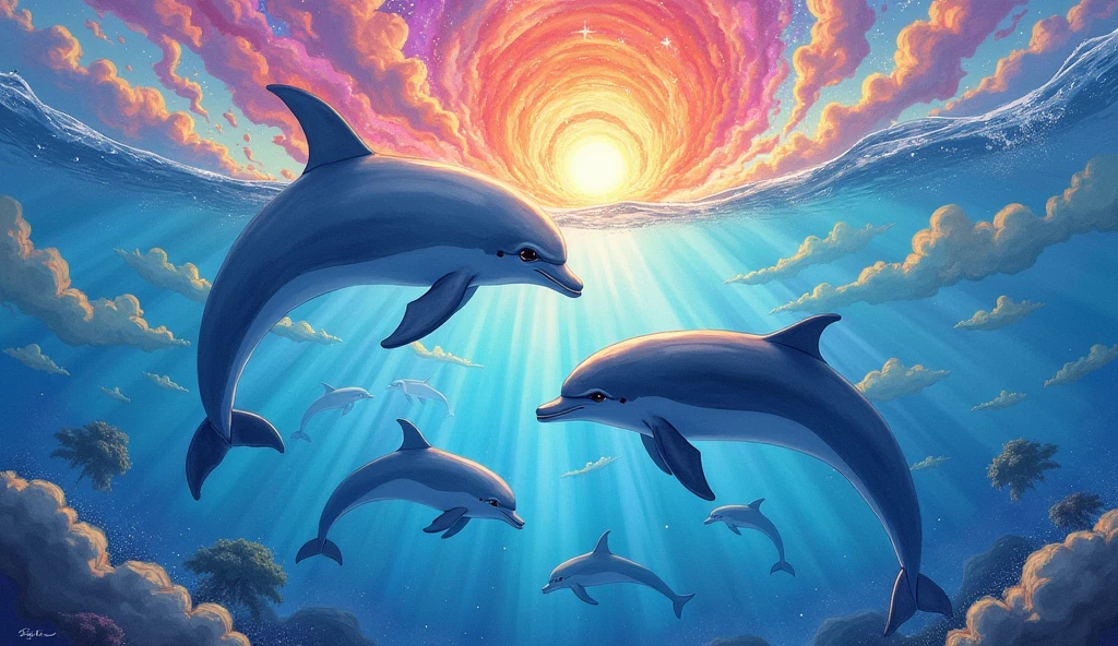 Painting of a pod of dolphins swimming in colorful ocean, Look up at the composition,sky whales, Inspired by Cyril Rolando, dreamy psychedelic anime, colorful anime movie background, A beautiful artwork illustration, author:Shitao, colorful concept art, Makoto Shinkai Cyril Rolando, In the style of Cyril Rolando, flying whale, Highly detailed watercolor 8K, highly detailed water colour 8 k,octane,Fine,Realistic,8K,Estilo de Makoto Shinkai( reasonable design, Clear lines, High sharpness,Best quality, Very detailed, Masterpiece, movie light effect, 4K )