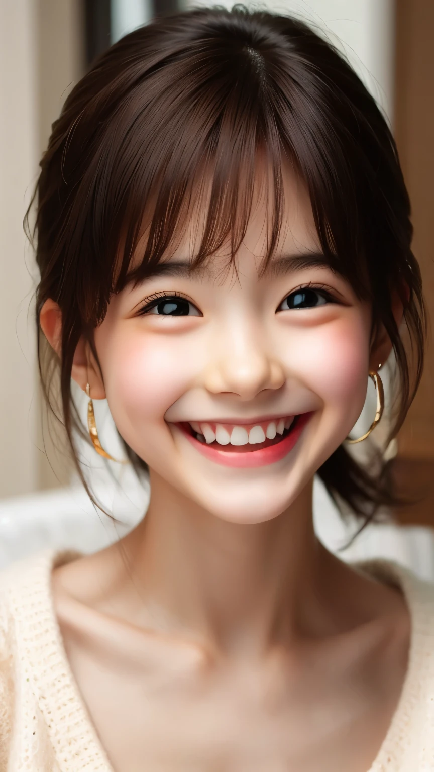 Highest quality, Realistic, 8k, High resolution, Full Color, , (()), (1 person), ( woman), ((smile)), Shortcut Hair, Earrings