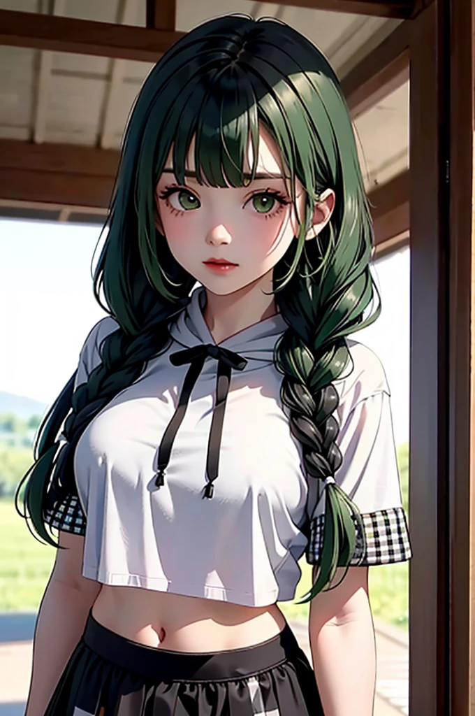 （masterpiece，highest quality），crop top look，Short sleeve hoodie， (Black skirt with gingham check)，big breasts, green haired, 2 long thick braids, bangs.