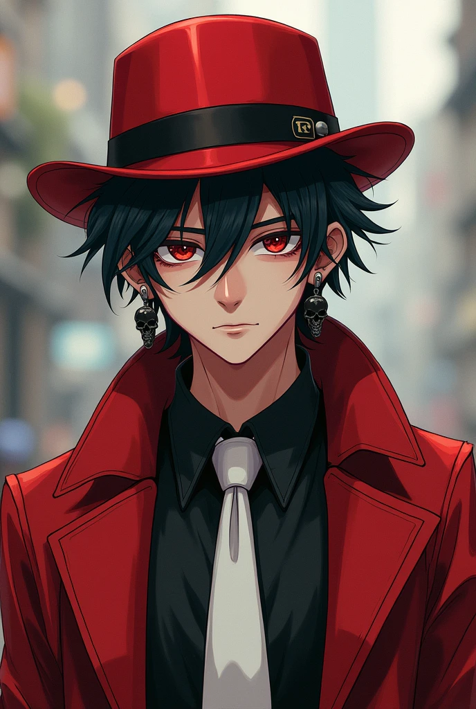 Male character with messy hair wearing a red hat wearing a black shirt white tie wearing black skull earrings