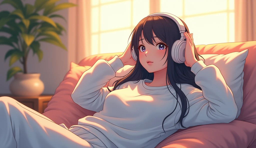 morning、Listen to music in the room、high school girl、Big Breasts、 relax、White sweatshirt、long hair、Use headphones, Bright environment、2D-style animation, Lo-Fi、Retro、Anime style illustrations、Line art with clear outlines