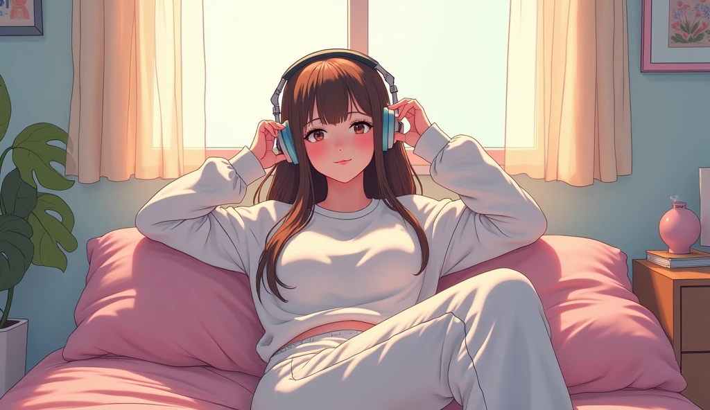 morning、Listen to music in the room、high school girl、Big Breasts、 relax、White sweatshirt、long hair、Use headphones, Bright environment、2D-style animation, Lo-Fi、Retro、Anime style illustrations、Line art with clear outlines