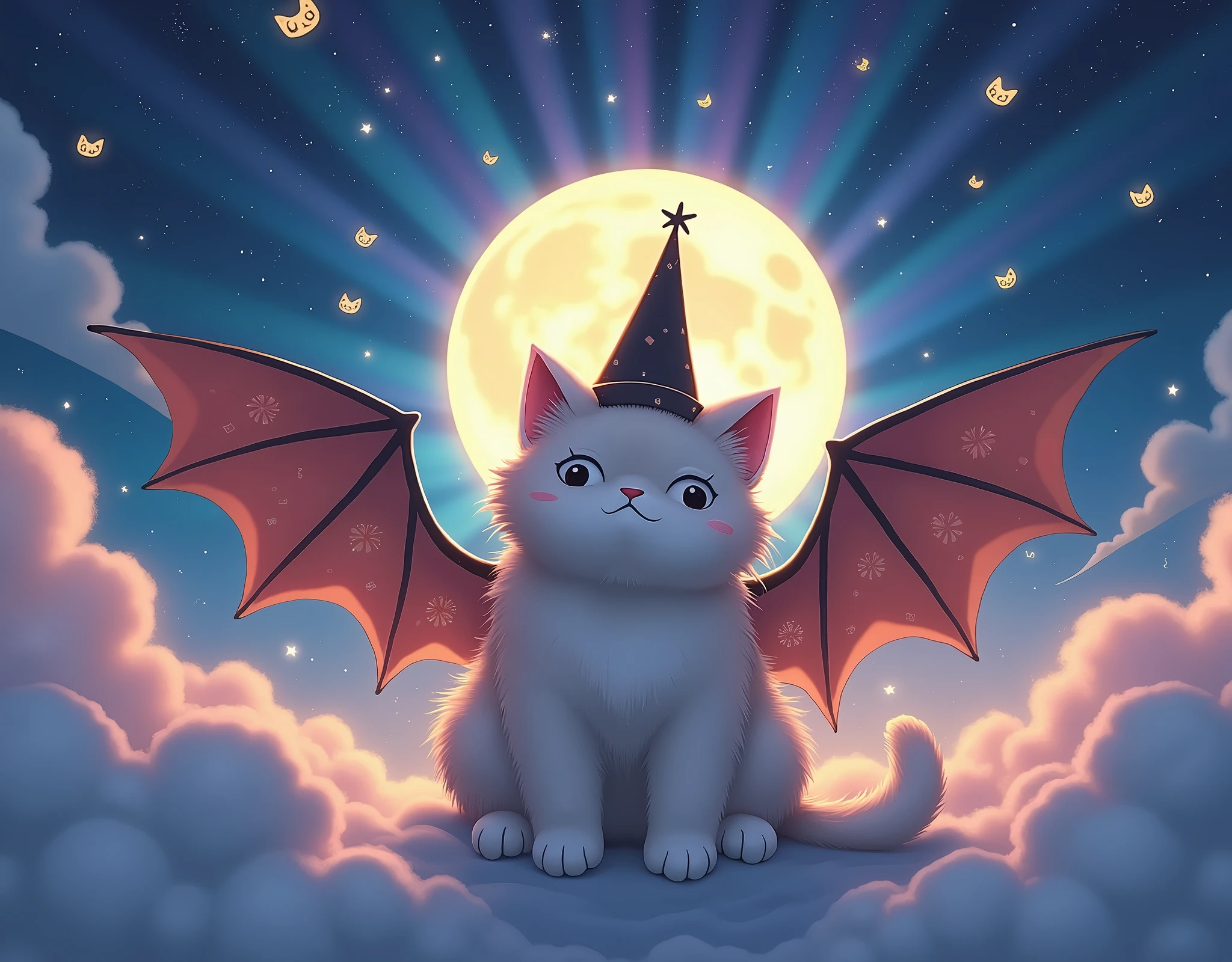 Ghibli Studio style, a giant fluffy kitten with wide bat ornate wings sits on delicate clouds, and gently holds a moon. The moon radiates with vibrant colorful rays across the night starry sky. The sky has constellations shaped as cat faces. The kitten has whimsical wide pointy hat.