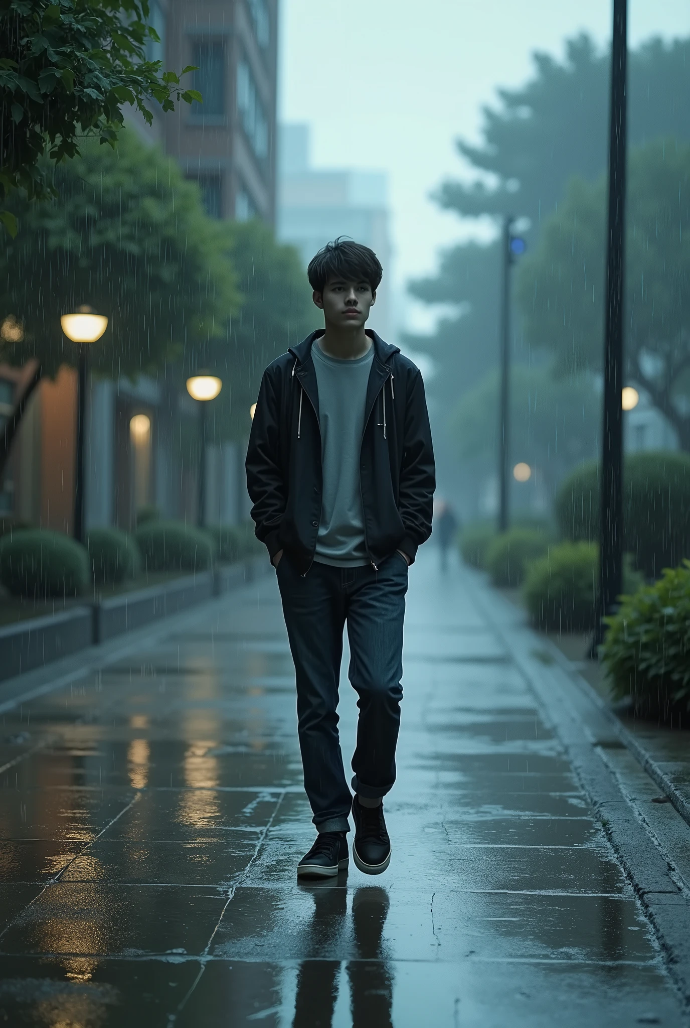 A university boy walking in the rain  and deep inside his thoughts  