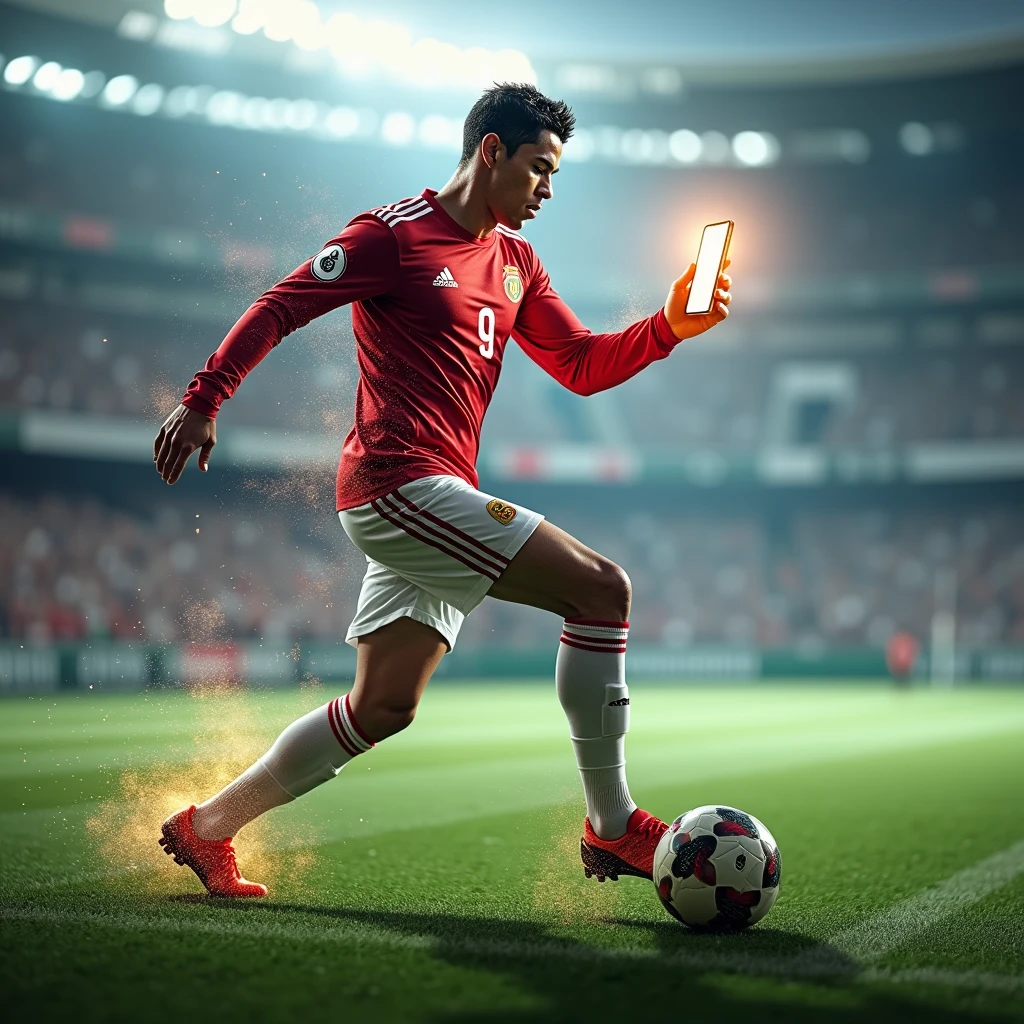 A dynamic image showing Ronaldo on the football field scoring a goal, with a superimposed layer of him uploading the highlight to YouTube from his phone, combining his athletic and digital lives in dall e-3 style 