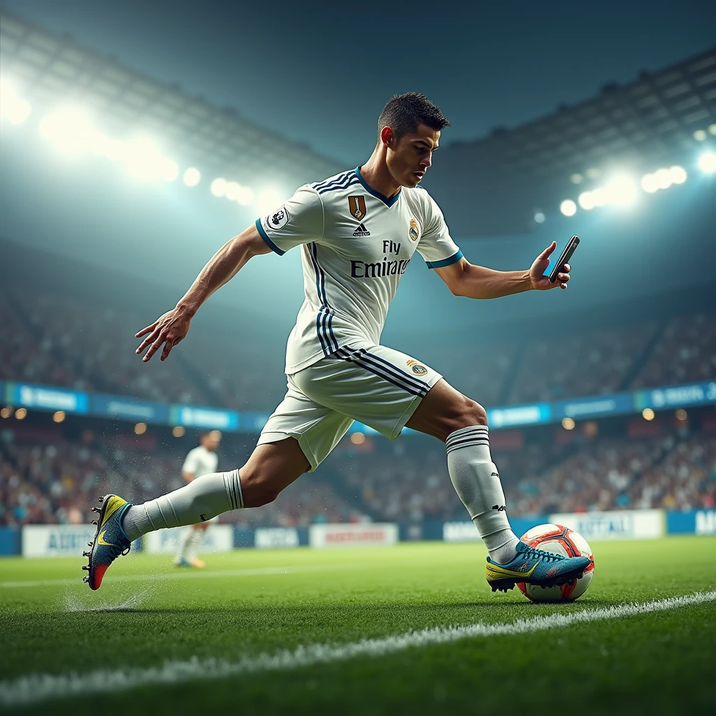 A dynamic image showing Ronaldo on the football field scoring a goal, with a superimposed layer of him uploading the highlight to YouTube from his phone, combining his athletic and digital lives in dall e-3 style
