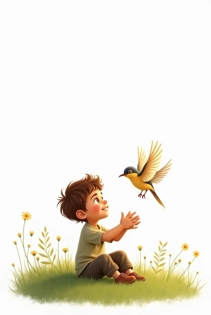 white background,best quality, smart boy,siting on grass,look at the little bird,raising his hands to the little bird,cute beautiful little bird flying,cute boy smiling