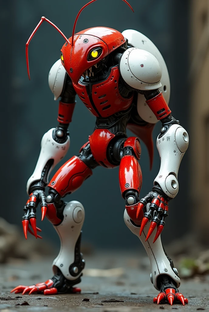 Red ant with white colour cyborg standing like robot