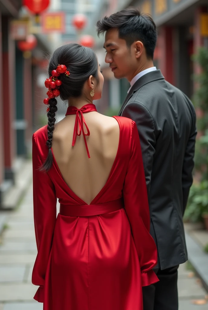  girl wearing red Chinese traditional silky smooth dress , ass showing and boobs showing from side near 2 homeless man
