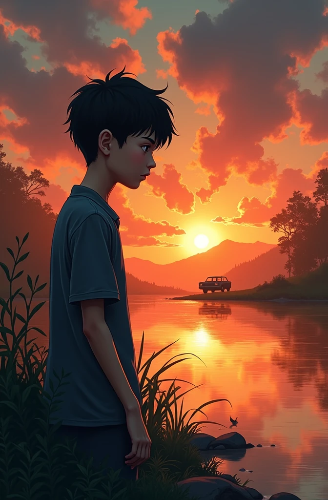 A boy sits alone by a river The sun is setting in the west The boy is written Yasir behind Genji