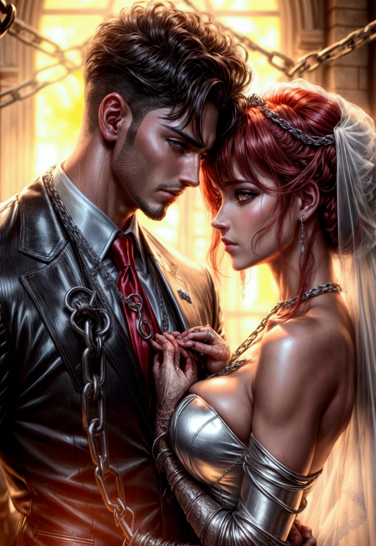 oil painting anime comic art, Julie Bell art of a groom held by ((radiant chains: 1.2)), in his wedding day and his bride, a handsome groom, wearing suit and tie, BREAK AND a beautiful, y bride, buside, wearing white leather wedding dress, the chain holds the groom, with chains, the chain forms the shape of red glowing heart, cinematic light, High Detail, Ultra High Quality, High Resolution, 16K Resolution, Ultra HD Pictures, Ultra Realistic, Clear Details, Realistic Detail, Ultra High Definition, chain leash