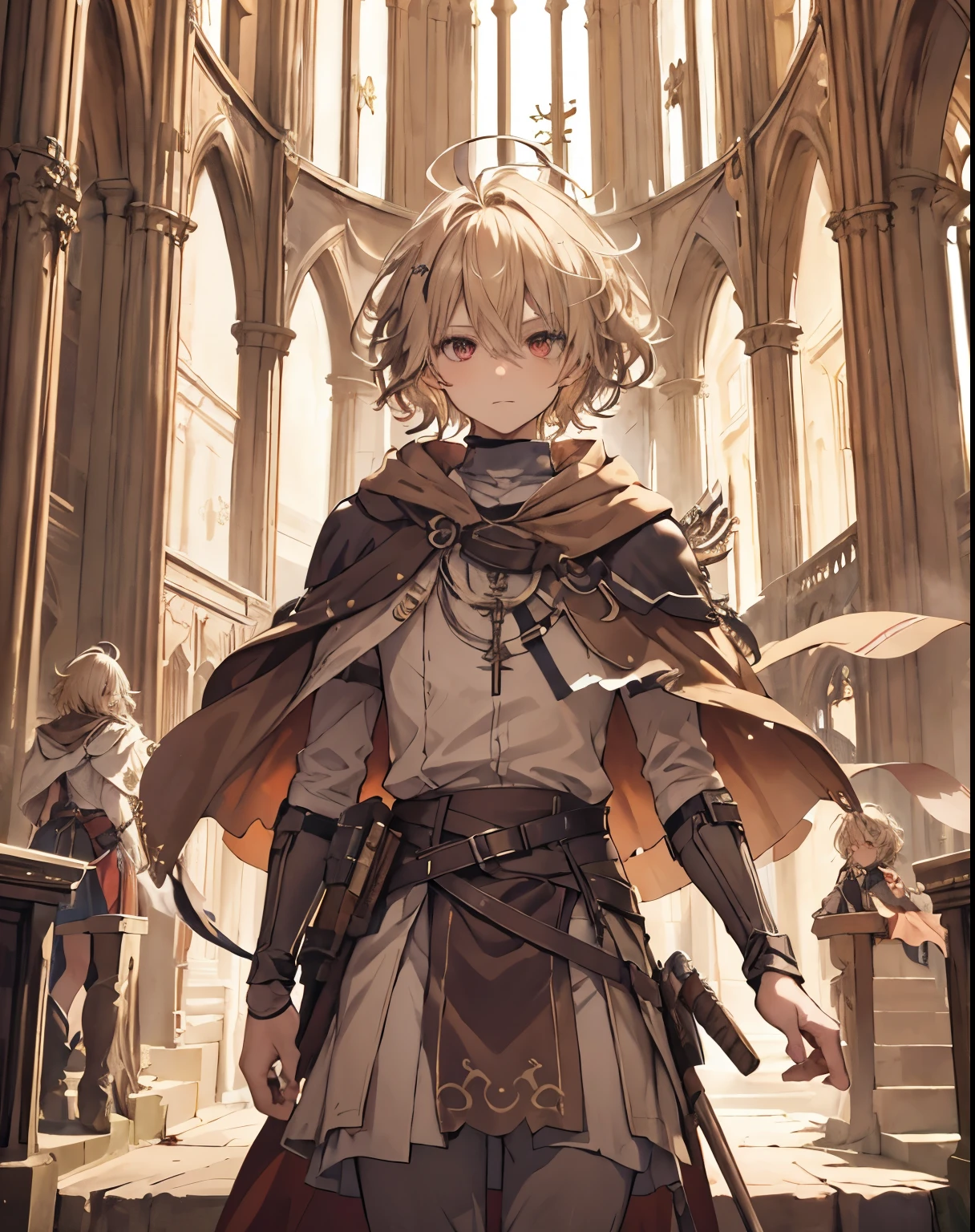 masterpiece, 1men, sparrow, a blonde haired men, wearing a priest clothes, curly short hair, messy hair, slim body, wearing brown capelet, he close her left eye, serious expression, red eyes, stand at cathedral, ahoge, beautiful eyes, cute face, beautiful eyes, 