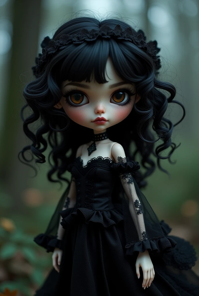 Blythe doll with black curly hair, Brown eyes, you are clear, gothic clothing and makeup