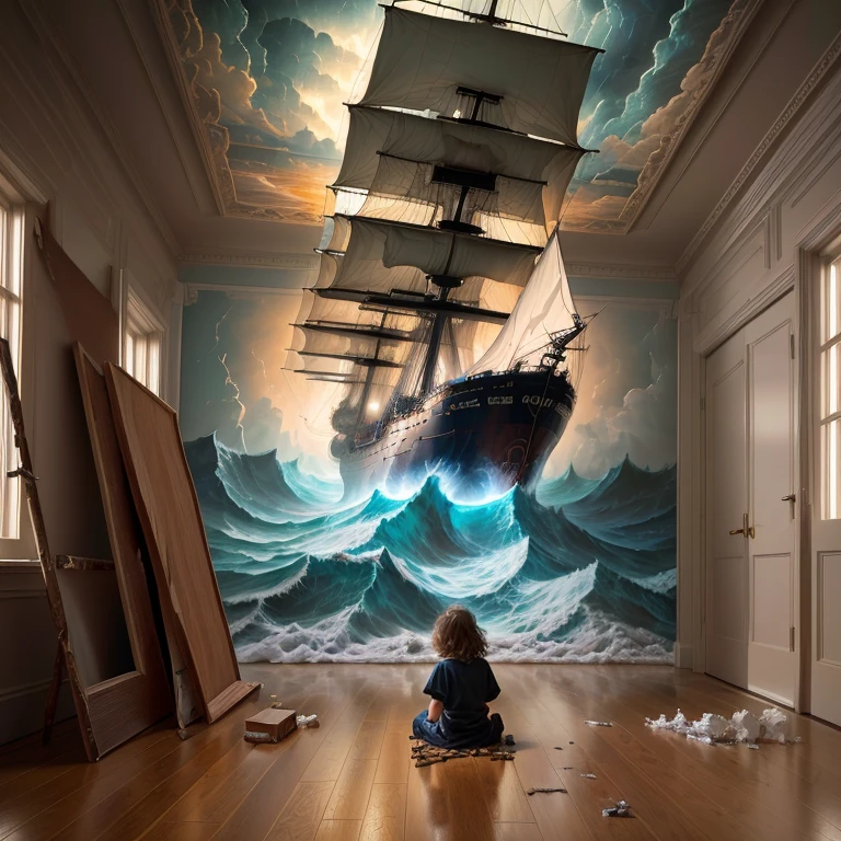 Close-up of a child, sitting on the floor in the room, ship, lost in a storm, surreal art, incredible picture, A stunning picture, complex and epic composition, Powerful painting, epic surrealism 8k oil painting, I&#39;m standing in a whirlpool, The sea and the storms beyond it, Epic picture, amazing depth, Highly detailed 4K digital art