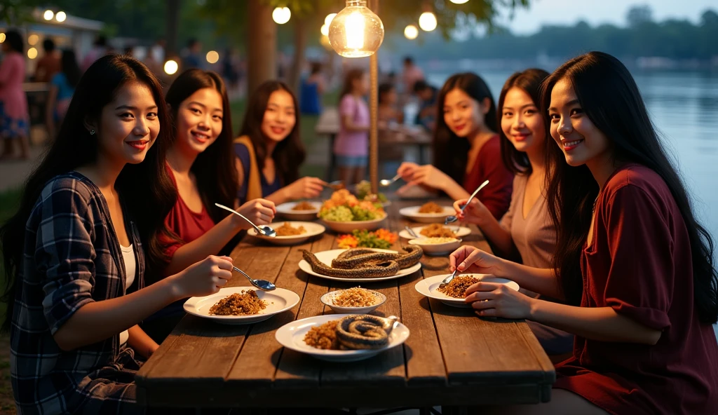 6 beautiful Indonesian women who are a bit fat, loose hair, big nose, wear a flannel shirt, long pants, sit down, face facing front camera, and on the table there is a big python in a plate and rice, all hands holding spoons, location at the riverside stall, beautiful night atmosphere,  many people, ultra details, minim diffect, realistic, 8k quality image