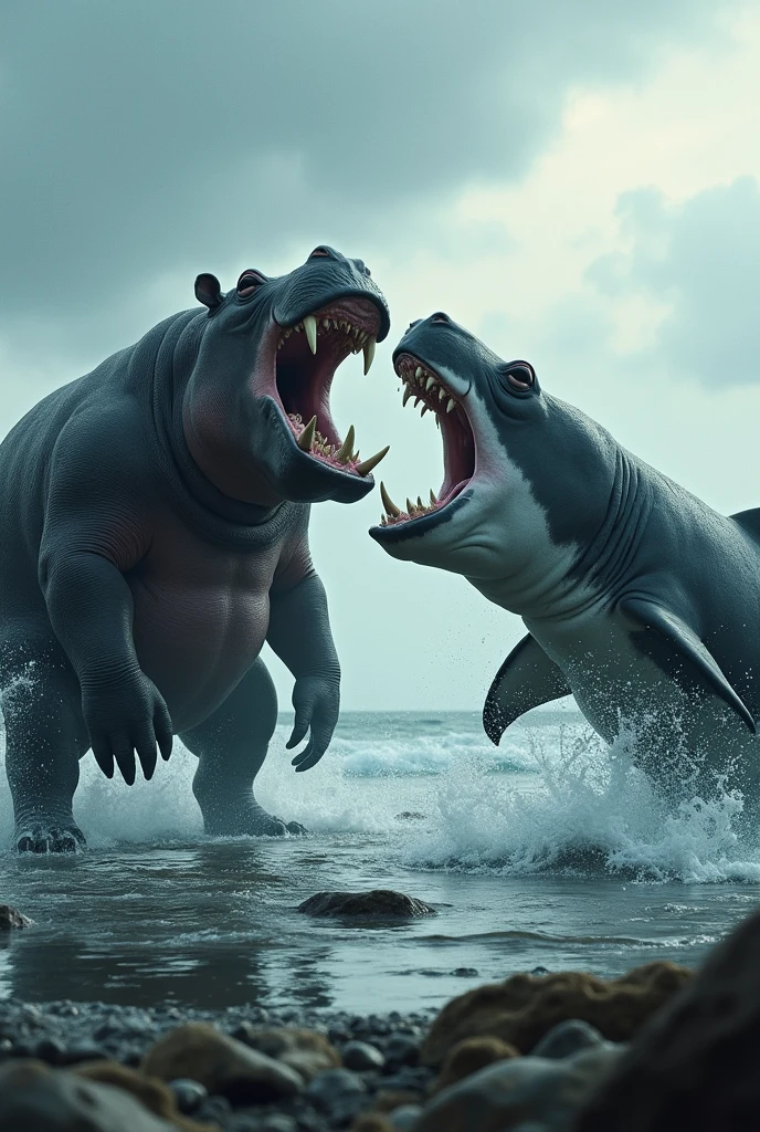 For the background, imagine a scene with the ocean behind, filled with blue water, and a terrifying area nearby. In this area, a shark has emerged from the water on the right side, its mouth wide open. The shark is black with white and yellow spots. On the opposite side, there's a hippopotamus, its huge mouth open as if ready for a fight, with one foot raised forward, standing in a fierce posture.