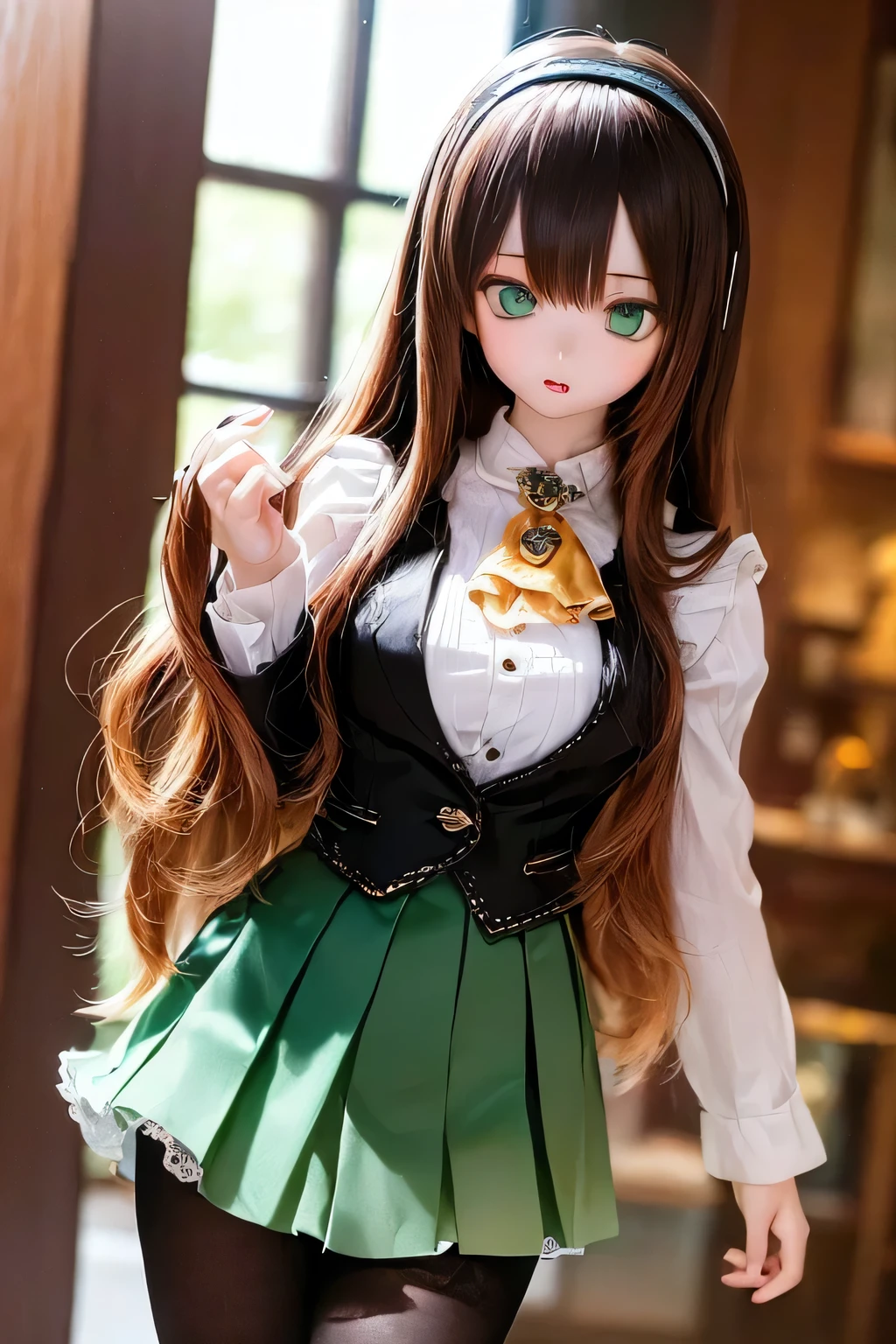 (SFW:2), photorealistic, realistic photo, 8k, ((highest quality)), ((masterpiece)), (extremely detailed), kukolnydom, doll, (mature woman, 21yo, 2, solo:1.6), ((cowboy shot, dynamic pose, slim, slender, skinny, medium breasts, hairband, vest, ascot, dress shirt, long puff sleeves, pleated skirt, black pantyhose)), (parted lips, green eyes, brown hair, long hair, plastic skin, looking at another, glass eyes, gradient eyes, shining eyes, detailed eyes:1.3)