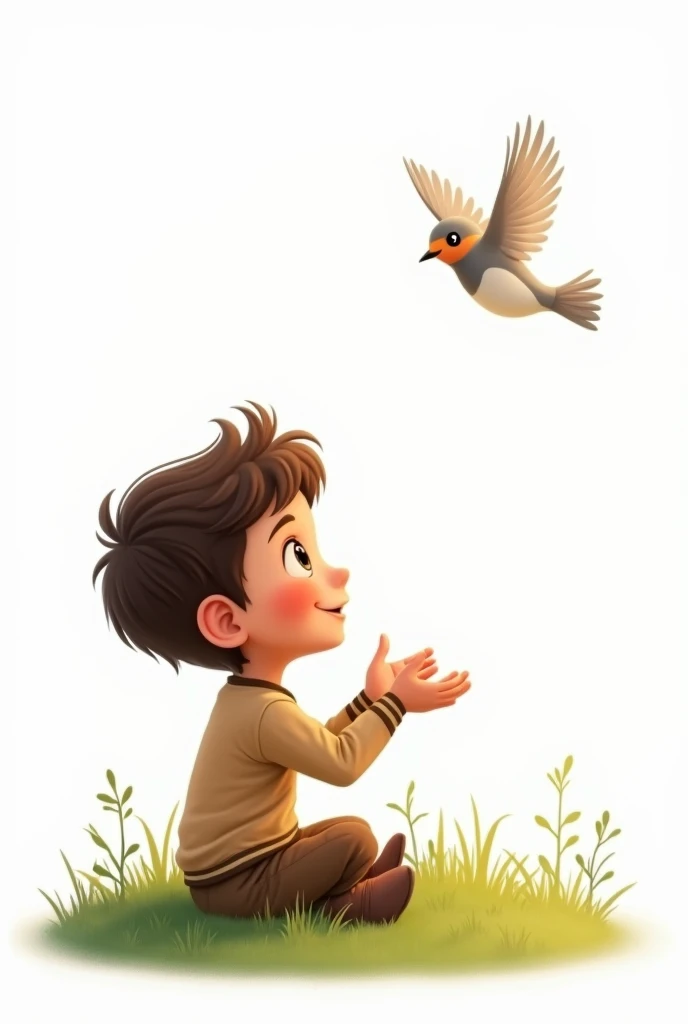 white background,best quality,little smart boy,siting on grass,look at the little bird,raising his hands to the little bird,cute beautiful little bird flying,cute boy smiling